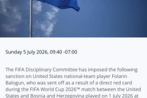 官方：美国前锋巴洛贡可出战比利时，红牌禁赛处罚暂缓一年执行